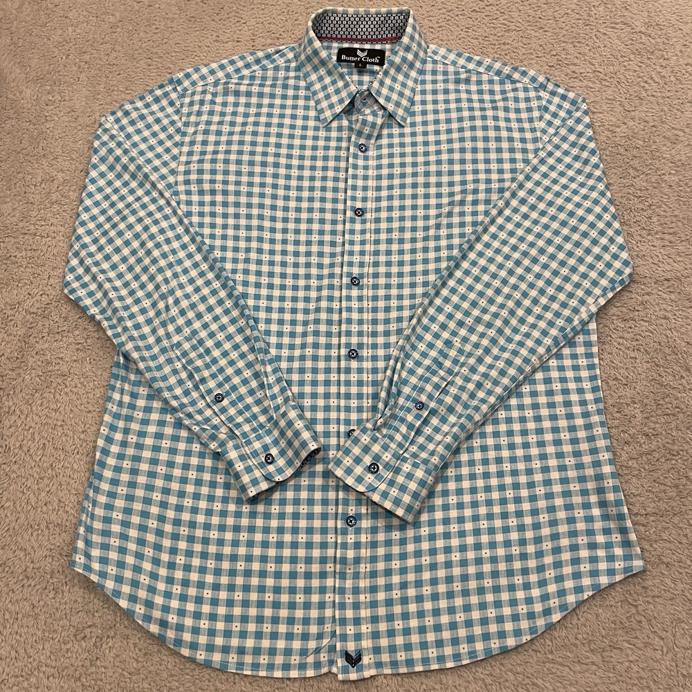 Buttercloth Flip Cuff Button Up Shirt Mens Large Gingham White Blue Contrast EUC